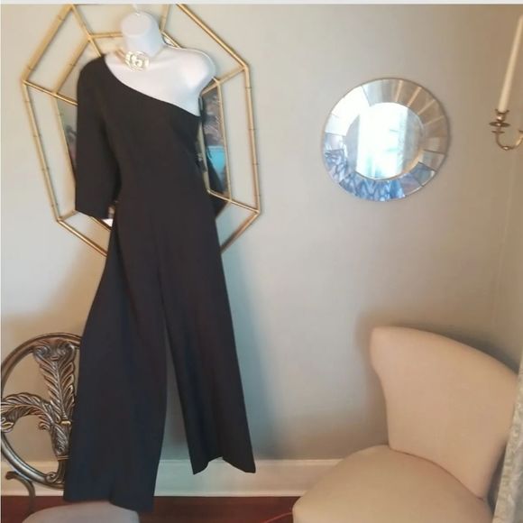 NY & Co Sexy Sleek Wide Leg 1 Shoulder Belted Jumpsuit Black NWT Sz.M $80 retail - Picture 12 of 12